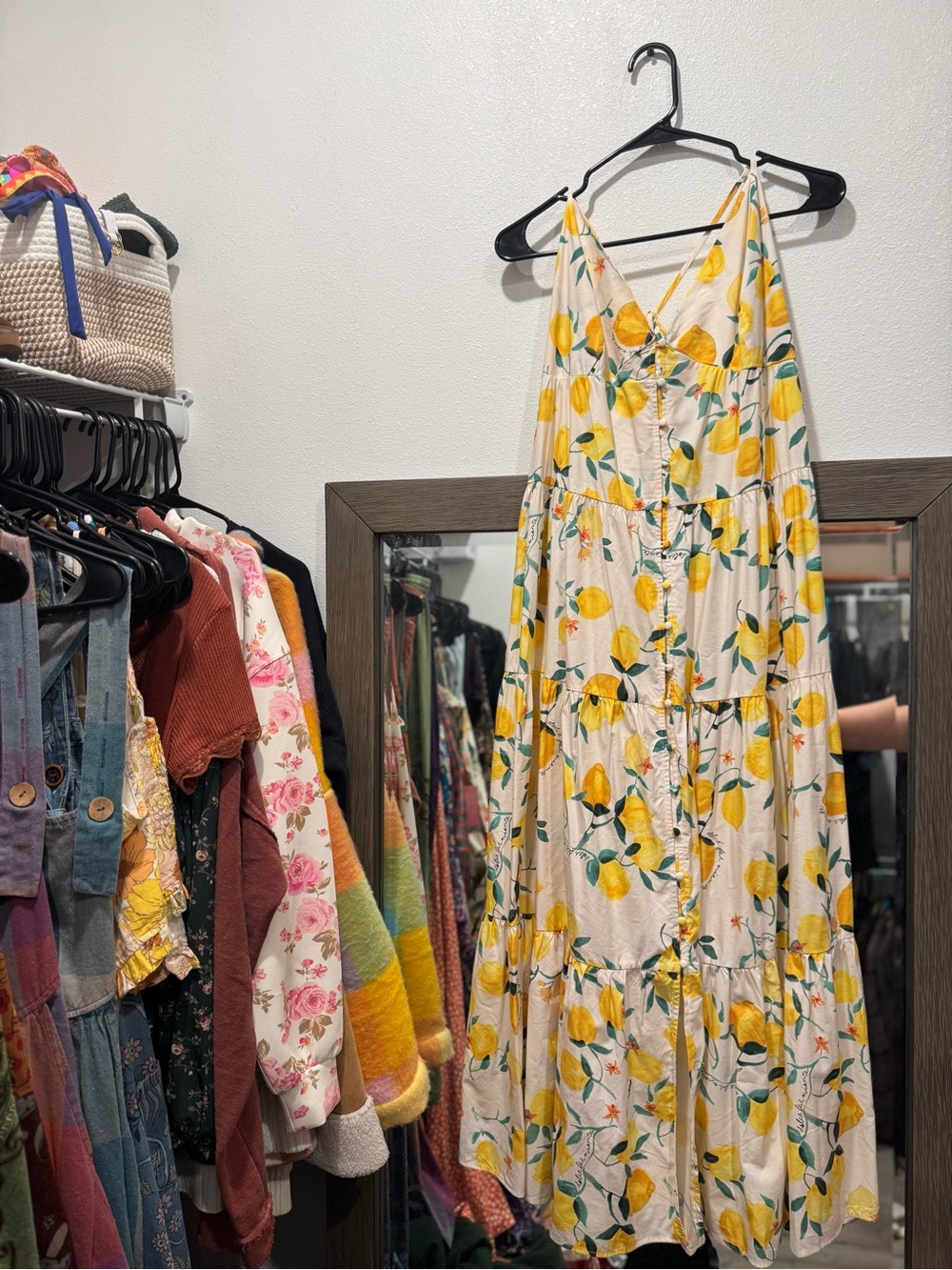 H&M Amalfi Lemon Print Tiered Maxi Dress Cream Yellow Citrus NWOT Size XL